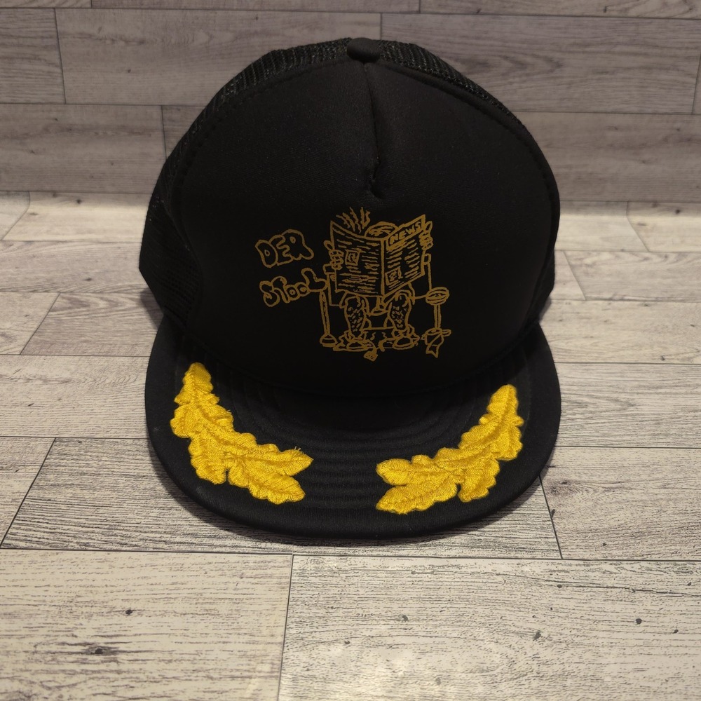 Vintage Black Mesh Back "Der Stool" Trucker Hat with Scrambled Eggs Black